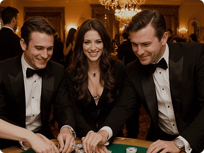A woman in a white dress and men in tuxedos